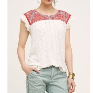 One September Anthropologie Red and White Embroidered Top